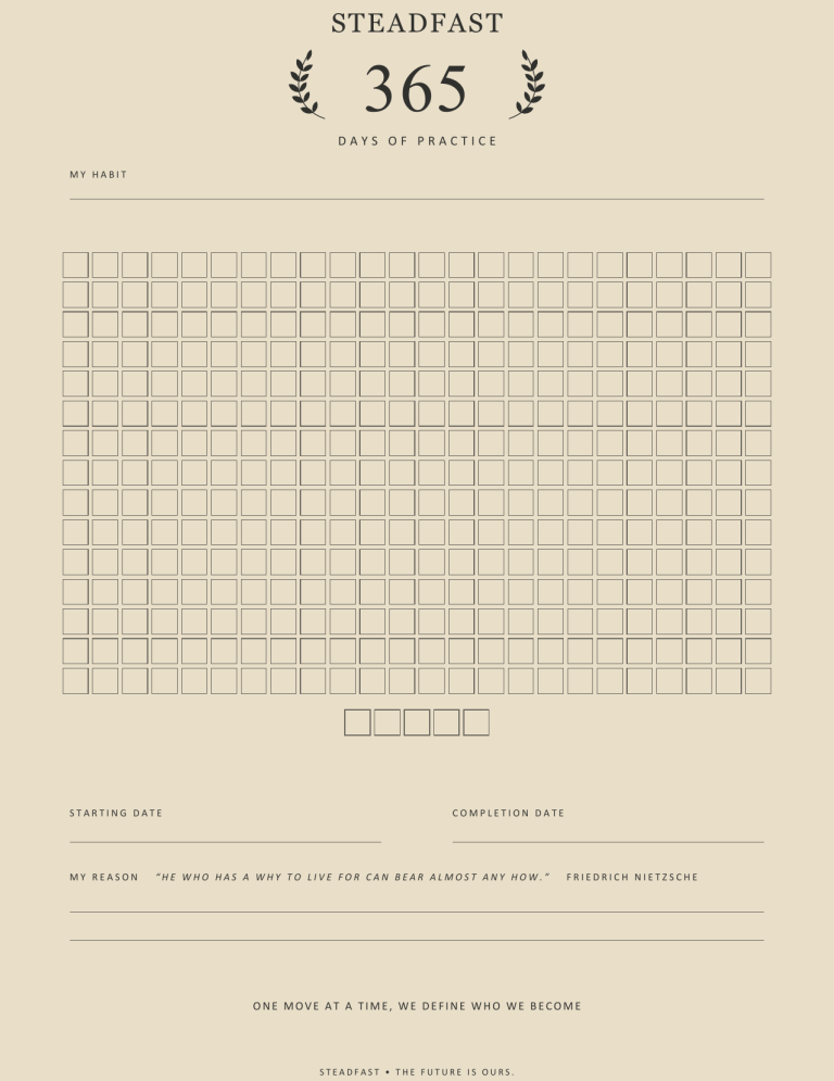 Discipline Tracker — approved preview STEADFAST 365 Days of Practice tracker, with a habit field, daily boxes, and reflection lines on a parchment background.