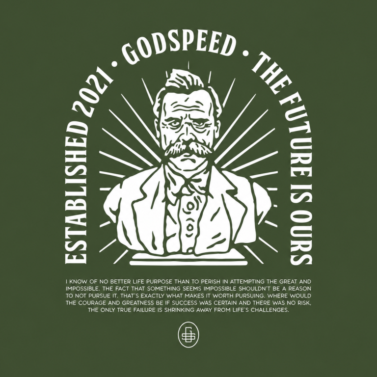 Nietzsche — approved design Approved Nietzsche design: a white portrait with radiating lines and arched lettering on an olive-green background.