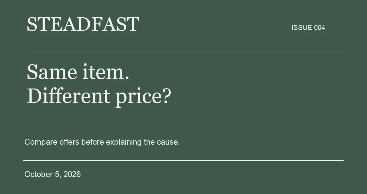 STEADFAST Newsletter 004 STEADFAST newsletter Issue 004: Same item. Different price? October 5, 2026.